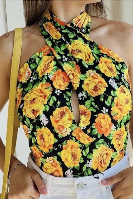 Zara Summer Yellow Green Twist Neck Floral Halter Top Bodysuit Size M.
