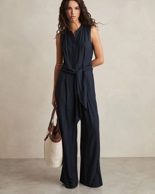Womens Reiss Navy Raven Wide-leg Belted Jumpsuit