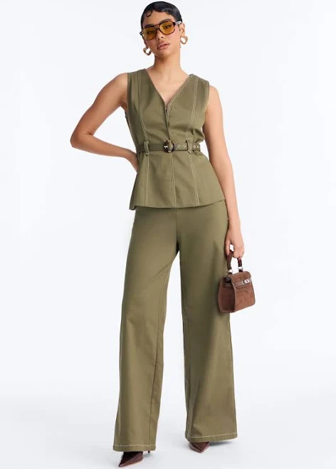 Fashion Nova Sleeveless Twill Vest and Wide Leg Pant Set