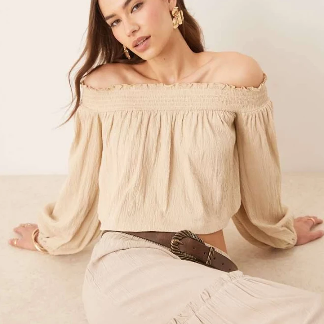 ASOS Crinkle Off The Shoulder Balloon Sleeve Top