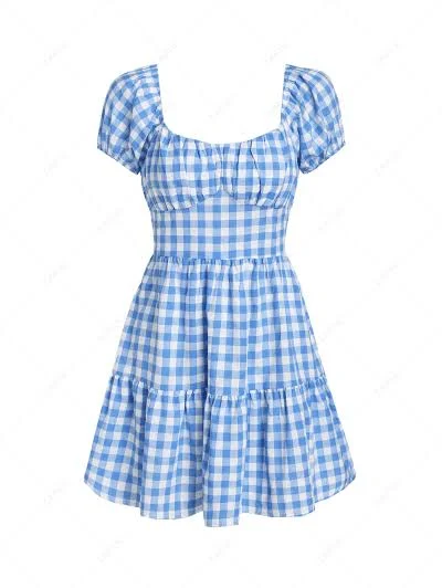 Zaful Gingham Puff Sleeve Tiered Dress