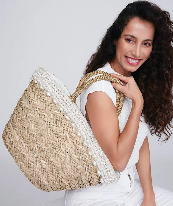 Straw Beach Basket Bag with Pearl Encrusted