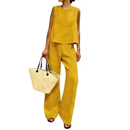 Women's Flowy High-Waisted Linen Tank Top and Palazzo Pants Outfit