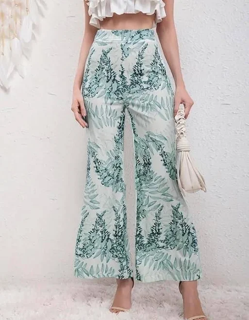 Women's Leaf Print High Waist Wide Leg Palazzo Pants Blue Green White
