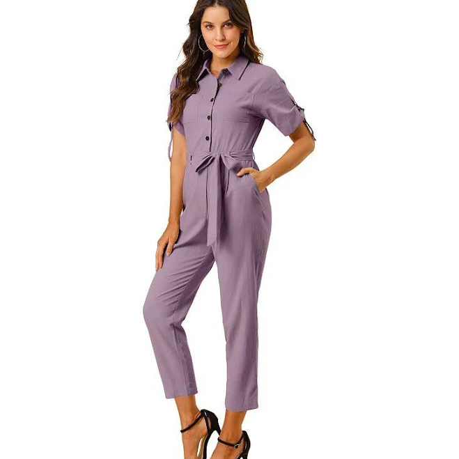 Women's Romper Turndown Collar Button up Tie Waist Cargo Jumpsuit