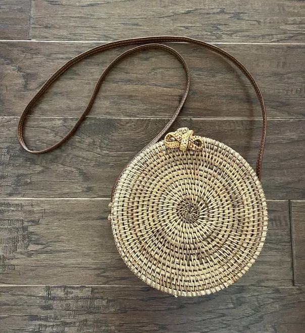 Natural Woven Round Circle Crossbody Boho Purse With Leather Shoulder