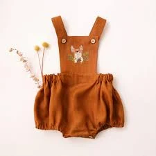 Burnt Orange Linen Pinafore Romper with “Fox with Pinecone” Embroidery