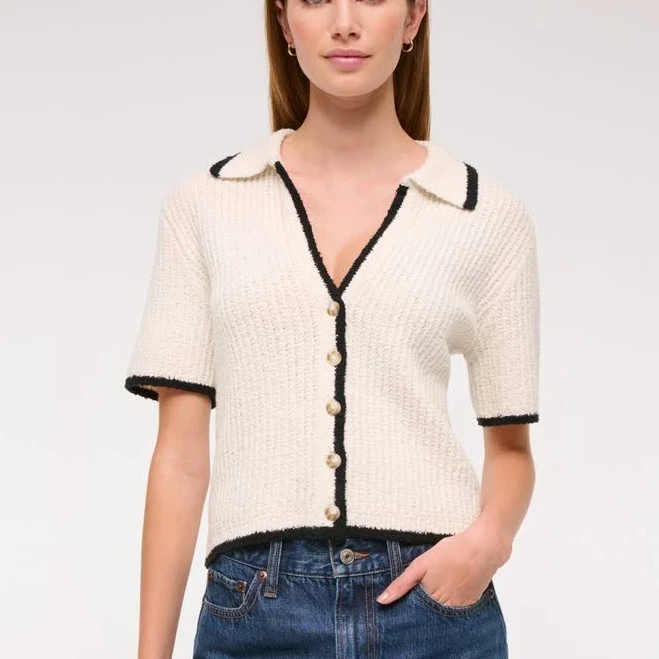 Abercrombie & Fitch Women's Crochet-Style Short-Sleeve Polo