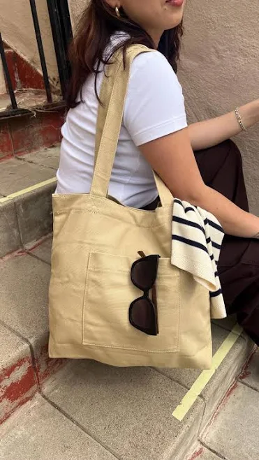Minimalist Canvas Tote Bag: Beige Bookbag with Pockets