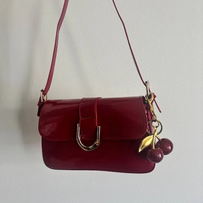 Faux Leather Shoulder Bag with Cherry Charm