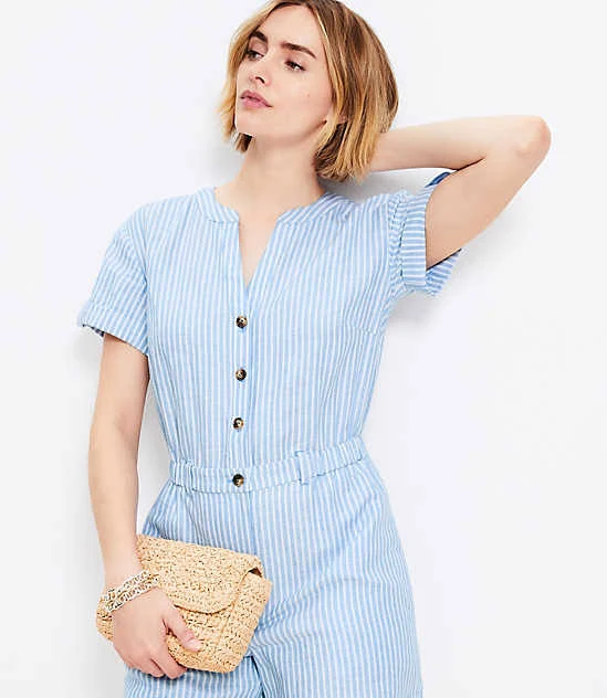 Women's Loft Striped Linen Cotton Split Neck Romper