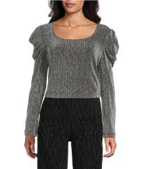 Intro Silver Lurex Scoop Neck Long Sleeve Knit Top
