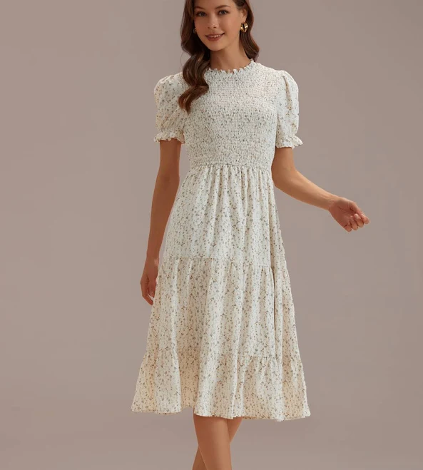Floral Short Sleeve High Neck Smocked Tiered Midi Dress