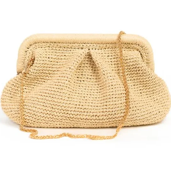 Handmade Raffia Straw Clutch Bag with Gold Chain
