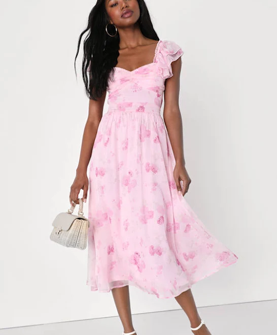 Lulus Floral Ruffled Tie-Back Midi Dress
