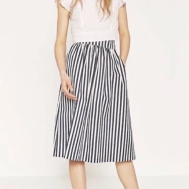 Zara Navy Blue White vertical stripes Pleated Midi