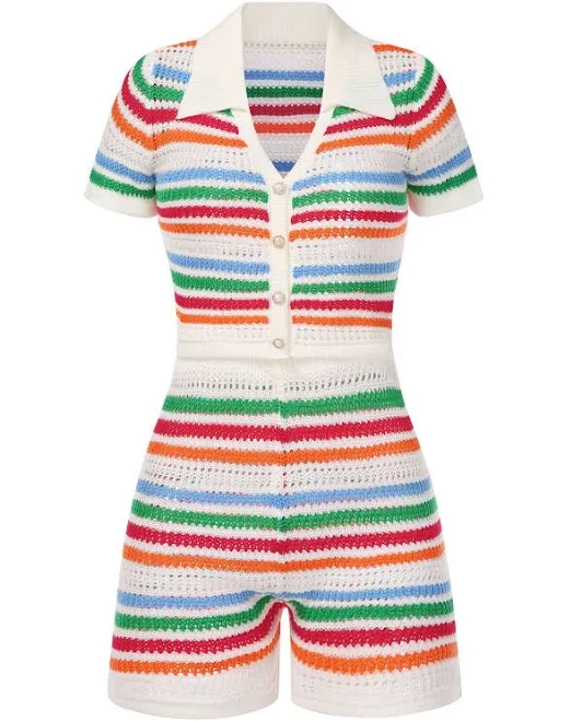 Retro Stage 1970s Knitted Rainbow Striped Top & Shorts