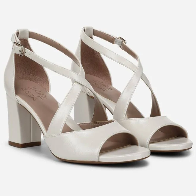 Naturalizer Hollis Strappy Sandals, Warm White Faux Leather, 10.0 Wide | Open Toe, Block Heels