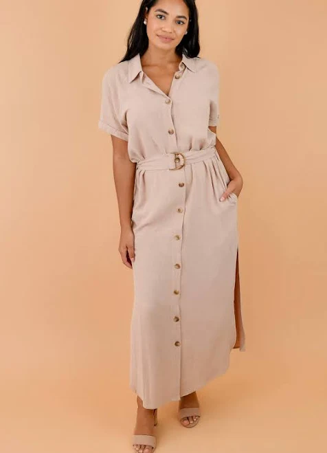 Relaxed Linen Belted Side Slit Shirt Dress