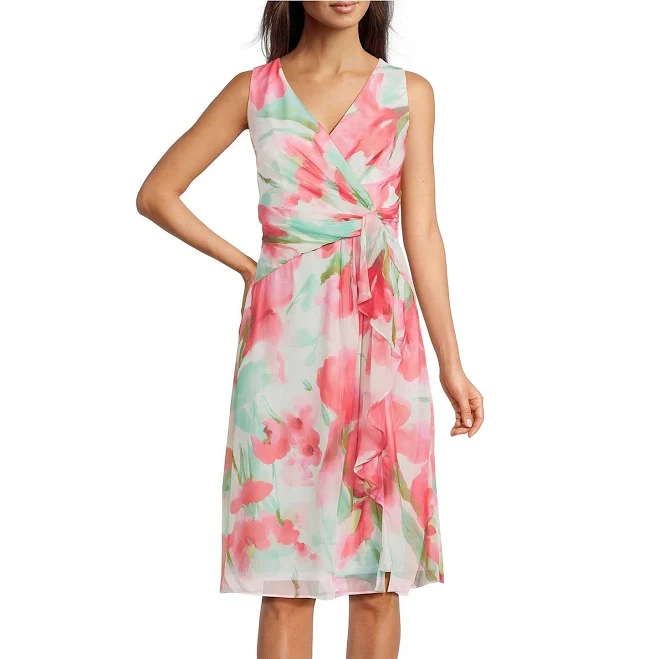 Adrianna Papell Women's Draped Floral Chiffon Midi Sheath Dress