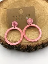 Lightweight Pink Statement Hoop Earrings: Resin Bohemian Jewelry, Handmade Epoxy Art Dangles