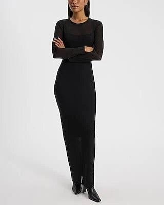 Express Women's Mesh Crew Neck Long Sleeve Maxi Dress