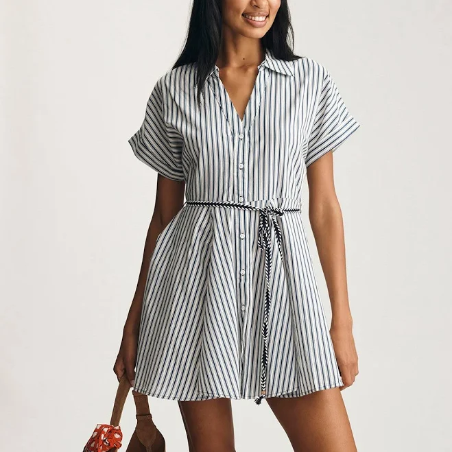 Mini-length cotton shirtdress with a belted waist