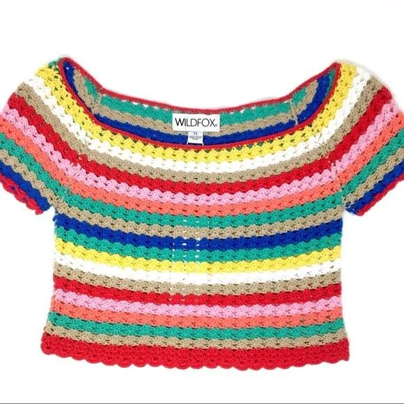 Wildfox M Medium Crochet Rainbow Crop Top Multi Colored Short Sleeve