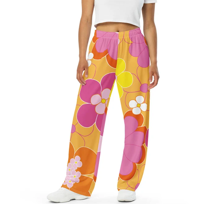Wide-leg Pants For Women β Pink & Yellow Floral Orange