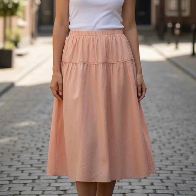 Tiered Midi Skirt Peach L Flowy Elastic Waist Lace Trim Classic A-line