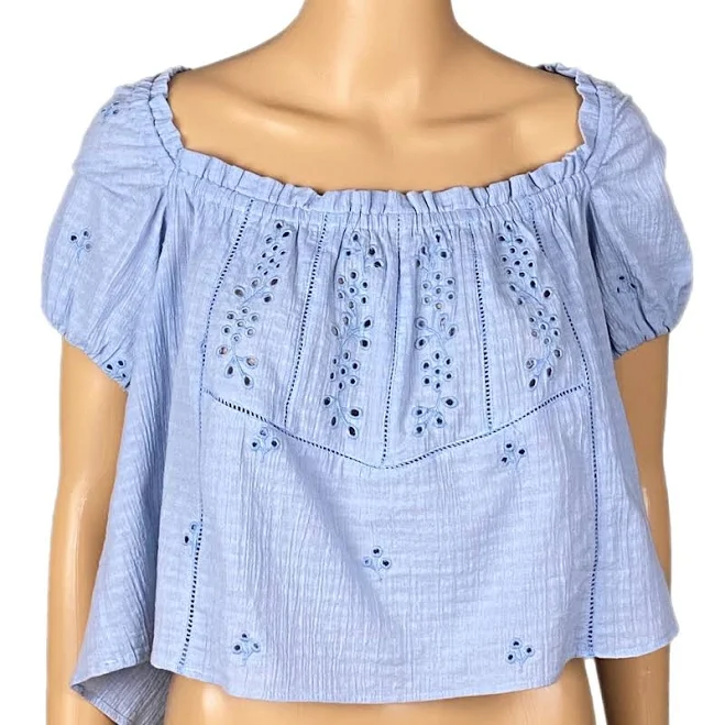 Zara Light Blue, Openwork Eyelet, Embroidered Puff-sleeve Crop Top.