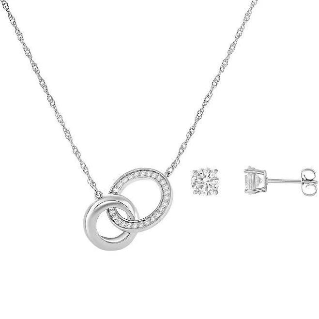 Primrose Silver-Plated Cubic Zirconia Stud Earrings & Interlocking Necklace Set