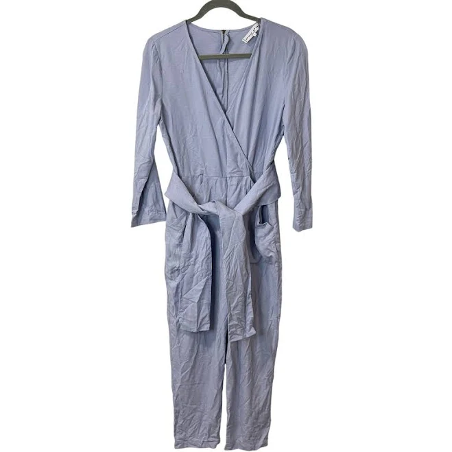 Apiece Apart Light Blue Linen Blend Wrap Jumpsuit Long Sleeve V Neck