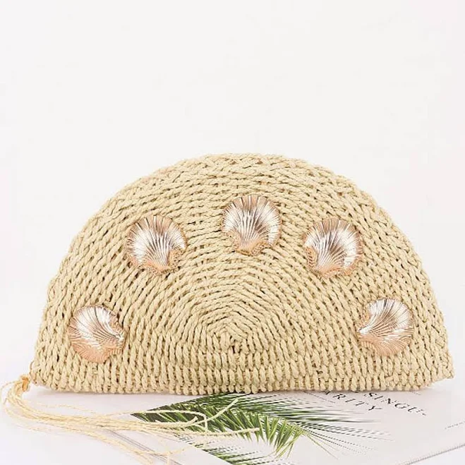 Helen Straw Half-Moon Clutch with Shell Embellishments