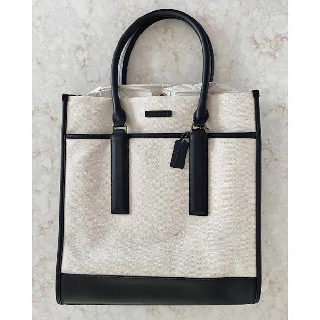 Coach Bags | Coach Ivory Canvas Fabric Large Tote With Black Leather And Brass Hardware Nwt | Color: Cream | Size: Os | Pm-62542668's Closet