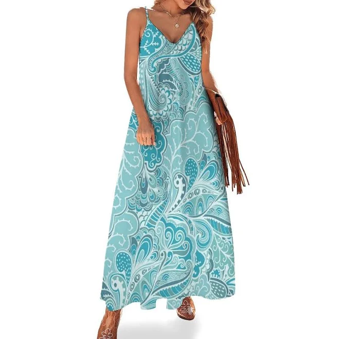 Elegant Artsy Abstract Women's Strappy V Neck Sleeveless Flowy Maxi Sundress