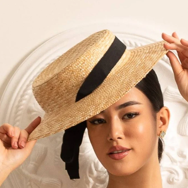 Wide-Brimmed Straw Hat with Ribbon Accent