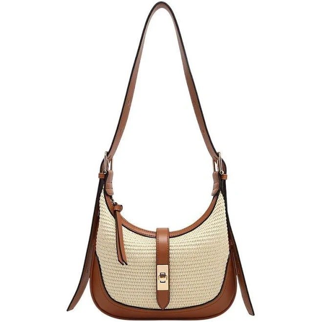 Ariana Vegan Straw Shoulder Bag with Twist-Lock Closure