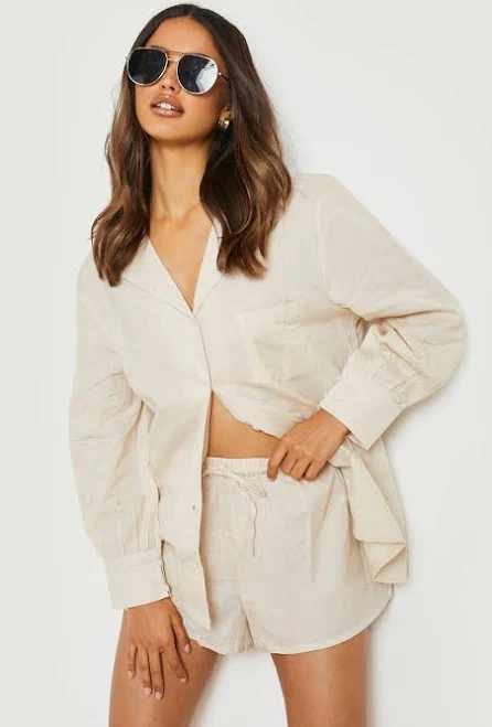 Boohoo Women's Relaxed Fit Linen Boyfriend Shirt & Shorts