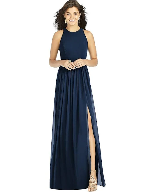 Shirred Skirt Halter Dress with Front Slit