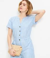 Women's Loft Striped Linen Cotton Split Neck Romper