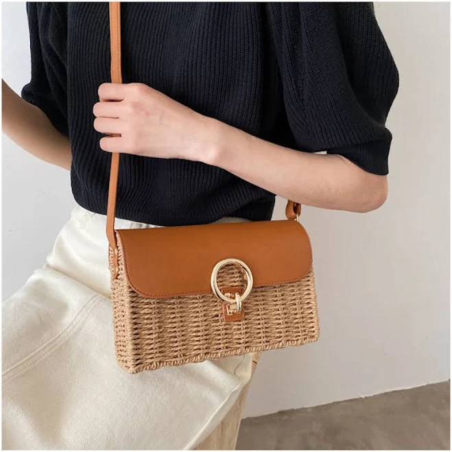 Elena Straw Woven Box Bag with Leather Flap
