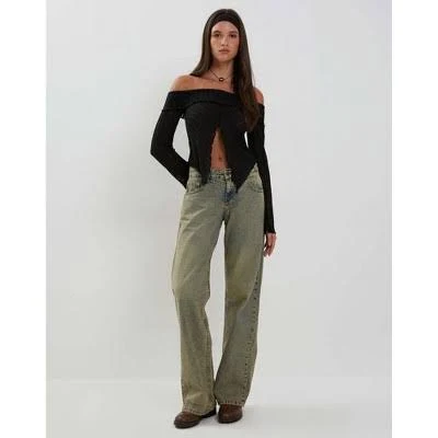 Women's Off-Shoulder Rib Knit Long Sleeve Crop Top