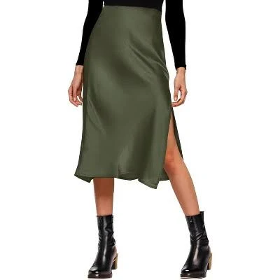 LEVEN Sixteen Women's Satin High Waist Midi Skirt with Slit