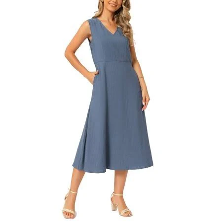 Inspire Chic Women's Casual Flowy A-Line V-Neck Midi Dress with Pockets