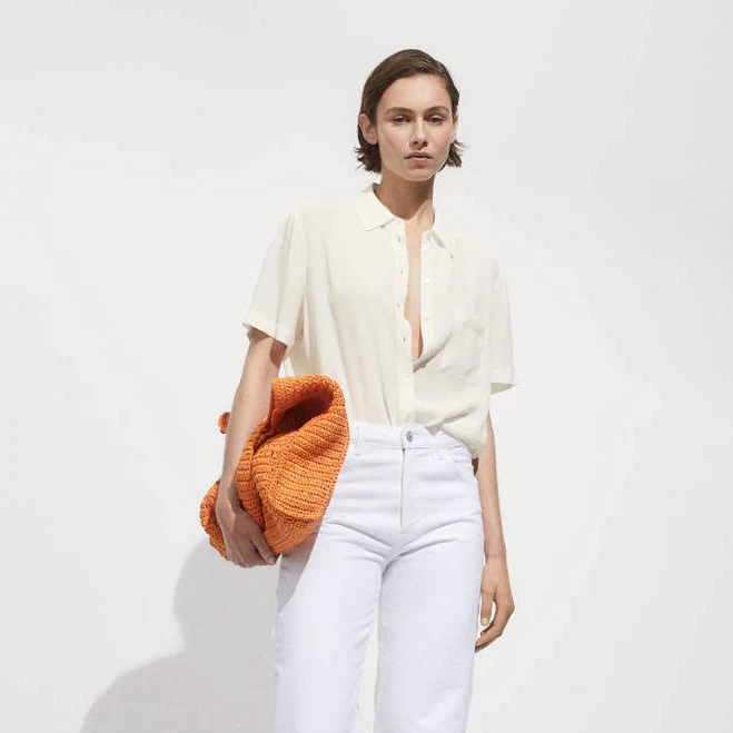 MANGO Women's Short Sleeve Button-Up Shirt with Pocket