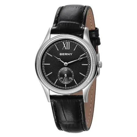 Berny Silver Watch for Men, Ultra-Thin Minimalist Leather Watch, Stainless Steel Case, Waterproof Analog Quartz Watch, Business Dress Watches with