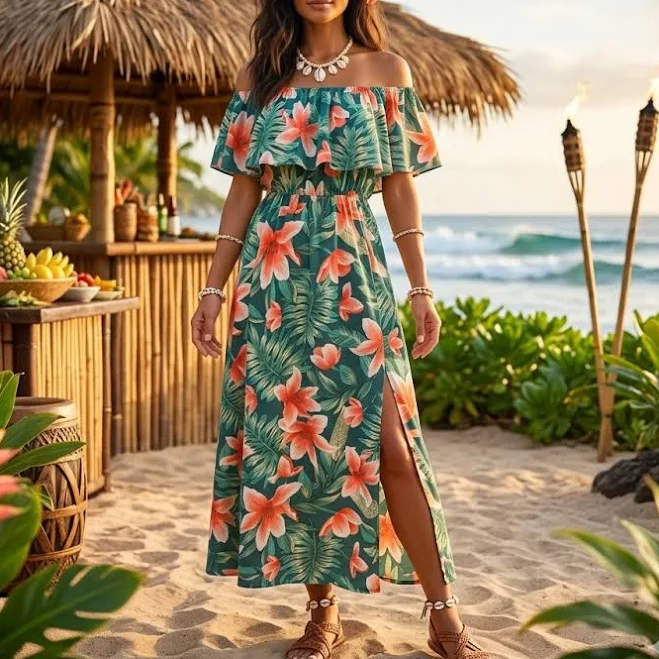 Off-shoulder flowy maxi dress with tiered skirt and ruffle trim at neckline