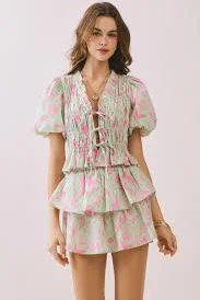 NEWEST ARRIVAL Pink/Green Floral Smocked Ruffle Skirt Set