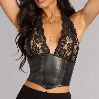 Windsor Midnight Mood Lace and Faux Leather Corset Top